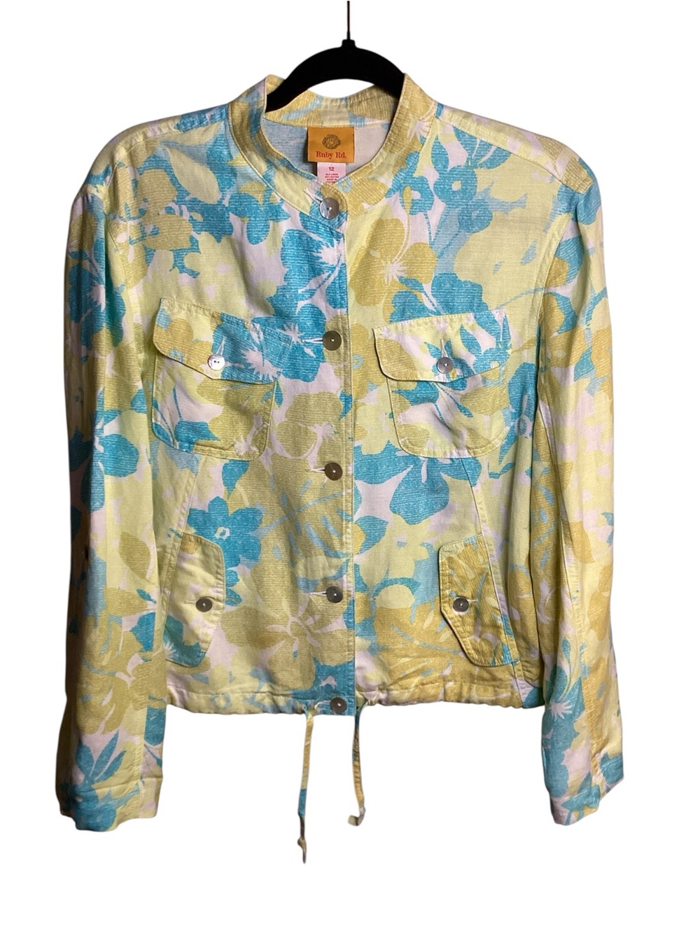 Ruby Rd. Pastel Yellow & Blue Floral Drawstring Linen Jacket